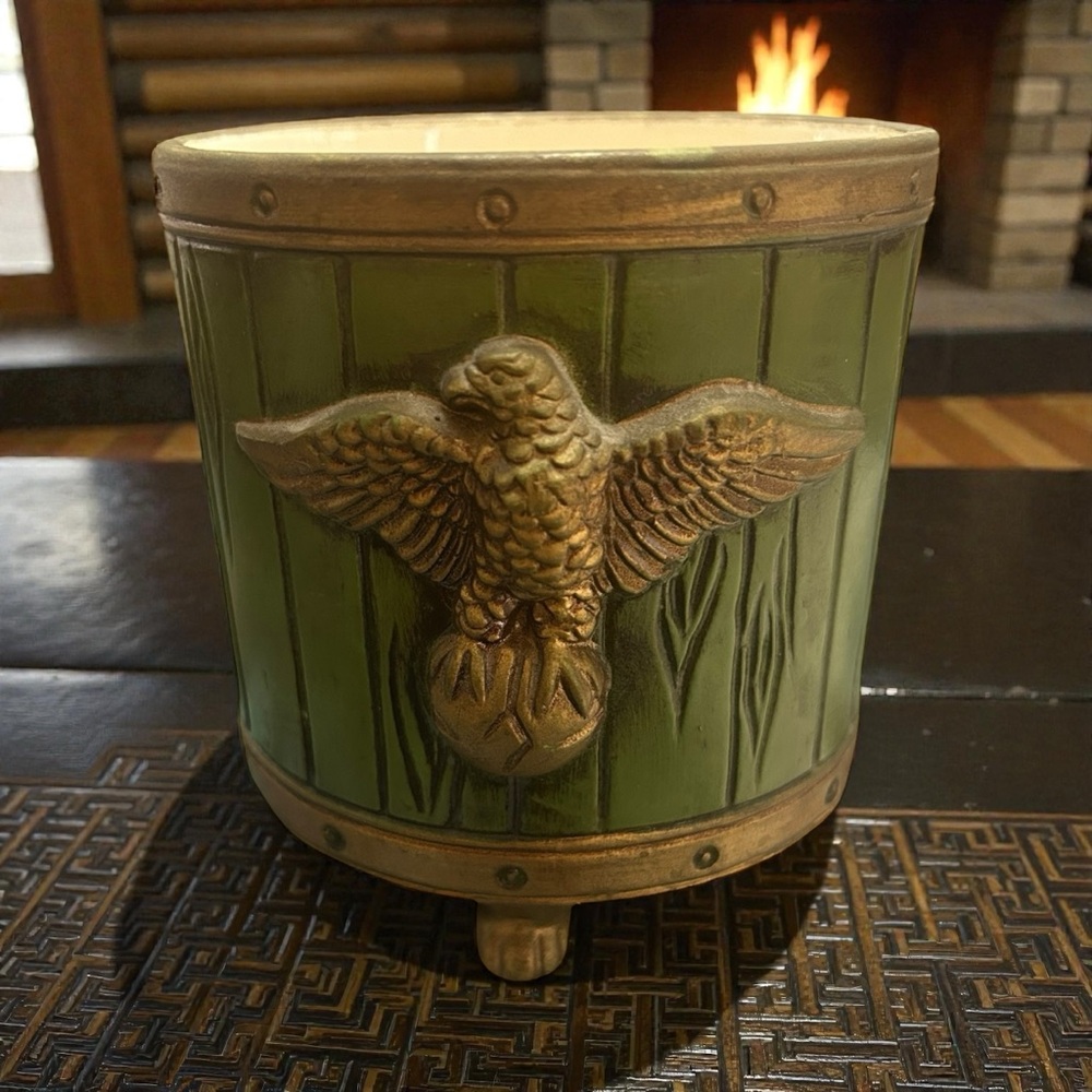 Vintage Japan MCM Colonial Americana planter Avocado green gold 3D eagle